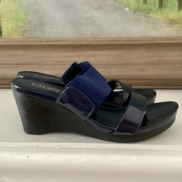 Chaps Shoes Women's Size 7.5 Navy Blue Slides Wedge Slip-on Sandals Elastic Top - Picture 6 of 10